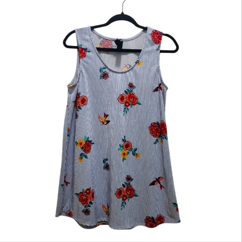 Agnes & Dora Tunic Tank Blue White Pinstripes Floral Birds Size M Flowy Stretch